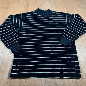 Lizsport Velour Mock Neck Top Women LP Black Striped Vintage Long Sleeve Ribbed